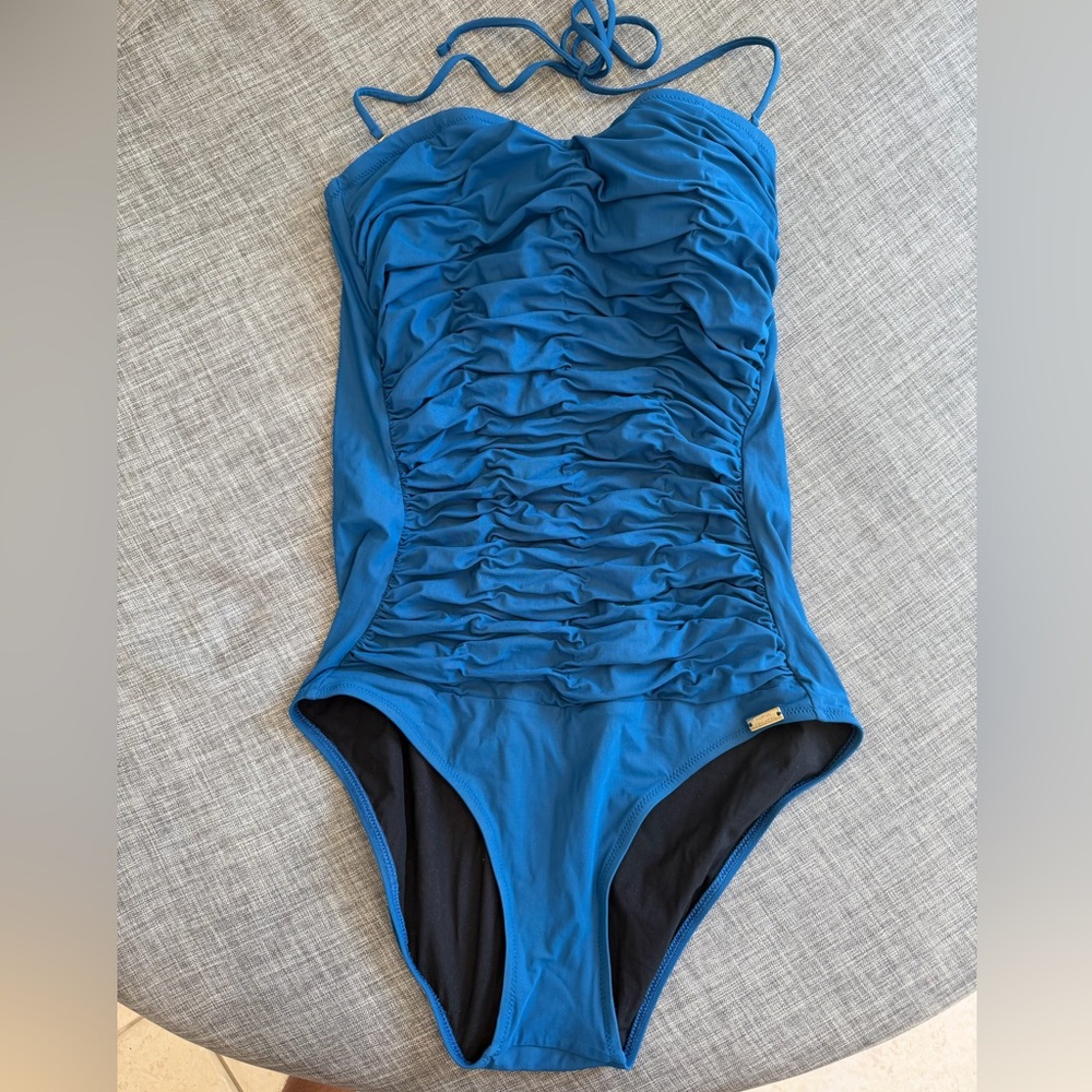 Maryan Mehlhorn Elegant Blue Ruched Women's One Piece Swimsuit